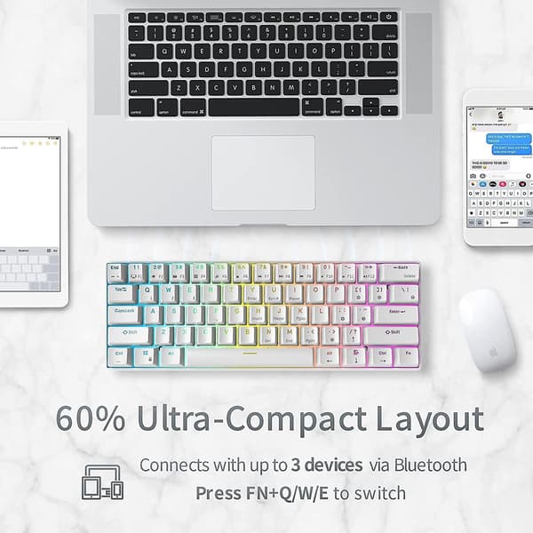 Rk Rk61 Rgb Wireless/wired 60% Compact Mechanical Keyboard, 61-key Bluetooth Small Portable Gaming Office Keyboard, Suitable For Windows And Mac White