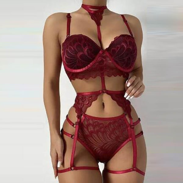 Women Sexy Solid Color Bralette Panty Strappy Lace Embroidery Lingerie Set Wine XXL