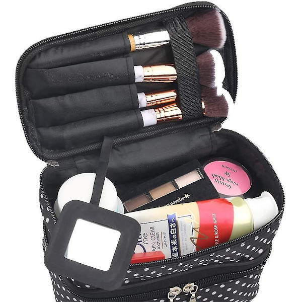 Double Layer Small Cosmetic Bag With Mirror, Waterproof Travel Toiletry Bag, Black With White Polka