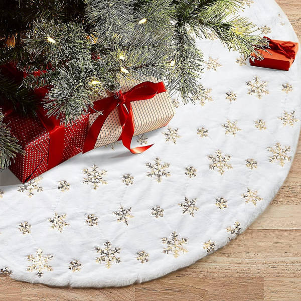 Christmas Tree Skirt For Xmas Tree Holiday Party Decorations White Plush Gold Sequin Snowflake (75 Gold)