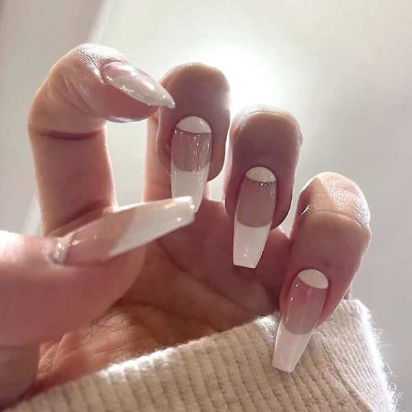 French Coffin Press On Nails For Women Glossycover False Nails Ballerina Nail Art Diy Acrylic Fake Nail Tips Stick On Nails 24pcs Pink-White