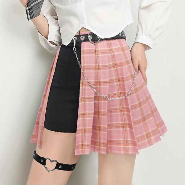 Xs-xxl Women's Punk Skirt Summer High Waist Plaid Pleated Skort Asymmetrical Skirt Waist Chain Belt Gothic Rock With Thigh Ring Pink Plaid XXL