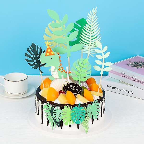 Dinosaur Theme Green Leaf Dinosaur Birthday Cake Toppers Set Cake Banner Dessert Forest For Babyshower Party Supplies Decoration 7pcs leaf