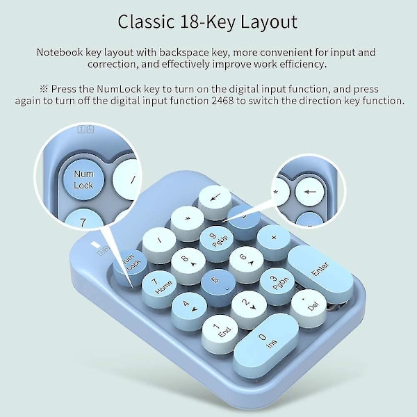 2.4ghz Wireless Numeric Keypad, 18 Keys Retro Typewriter Round Key Silent Portable Number Pad(1pcs,blue)