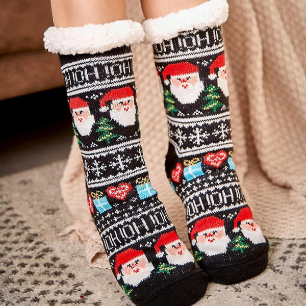 unisex Slipper Stockings Christmas Plush Floor Santa Claus Xmas Fleece Warm Socks Black