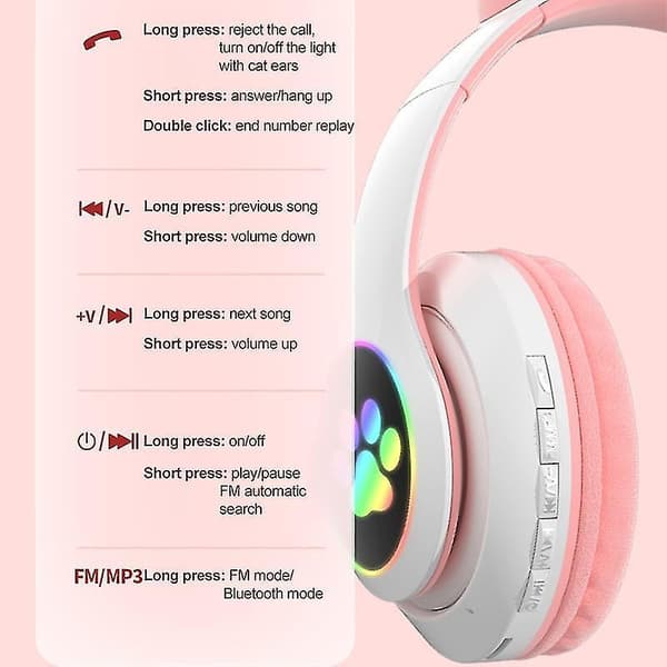 Wireless Bluetooth Headphones Cat Ear Headset With Led Light Purple