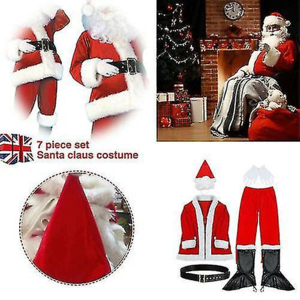 7pcs Santa Claus Costume Father Outfit Christmas Flannel Suit Mens Fancy Dress L