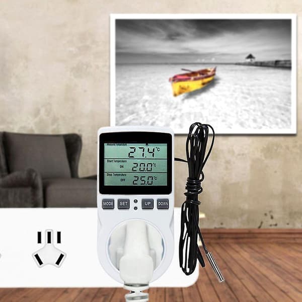 Termostat Digital Temperaturkontroller Stikkontakt M/ Timer Bryter Sensor Probe Varme Kjøling 16a EU