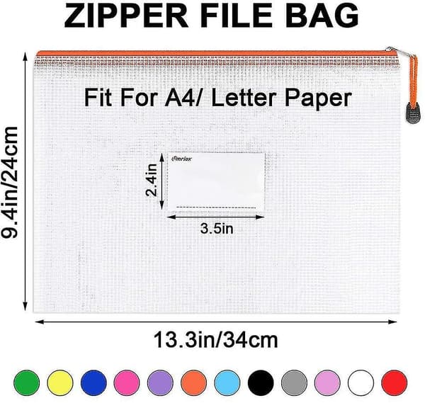 A4 Plastic Zip File Document Folders With Label Pocket, 12 Pack Plastic File