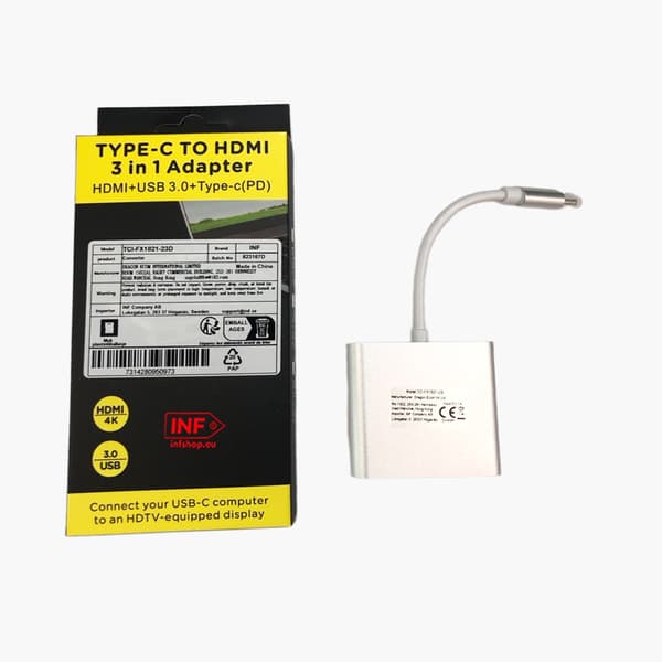 3-i-1 USB-C-hub med HDMI, USB 3.0 og PD-lading
