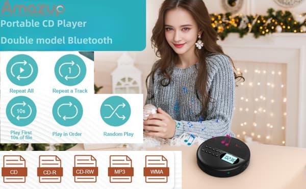 Bærbar Bluetooth CD-spiller med innebygde høyttalere og oppladbart batteri