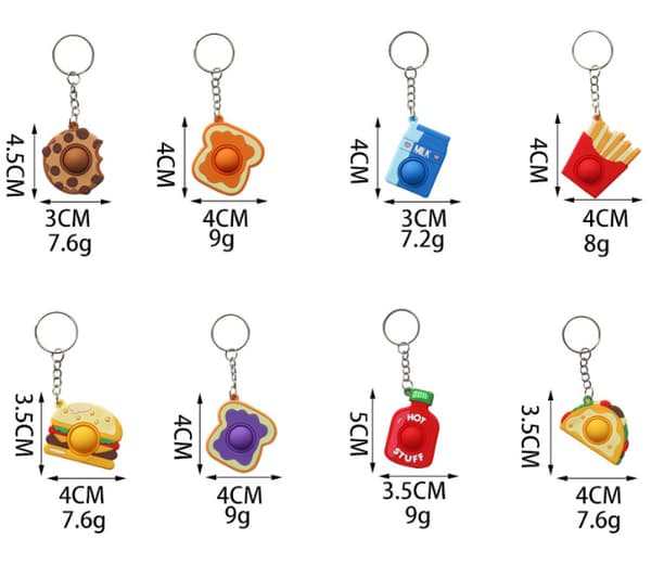 8 st Mini Pop it Nyckelringar, Mini Mat & Dryck Fidget Sensorisk Tryckleksak, Fidget Stress Relief Nyckelring Present till Barn