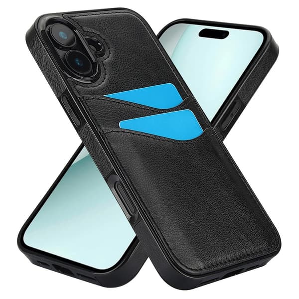 iPhone 16 Cover med Kortplads Læder Sort