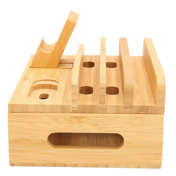 Monilaitteinen bambuinen latausasema puhelimelle, tabletille ja kellolle