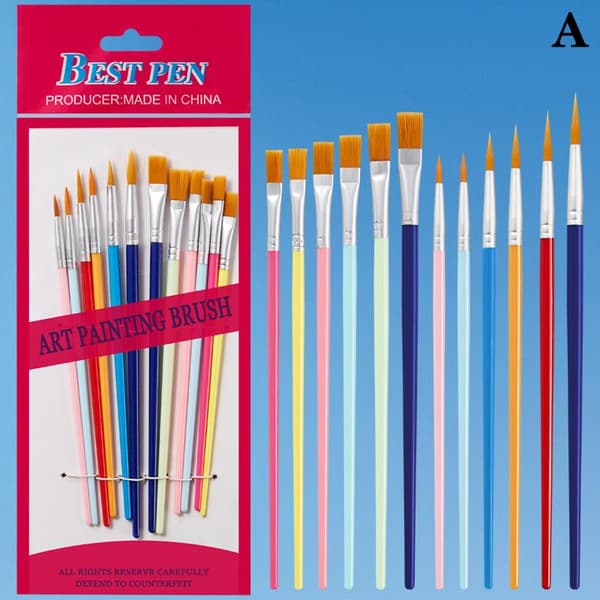 12 kpl sivellinsarja, taidepyöreä litteä nailonkarvasivellin, monivärinen A Multicolor A