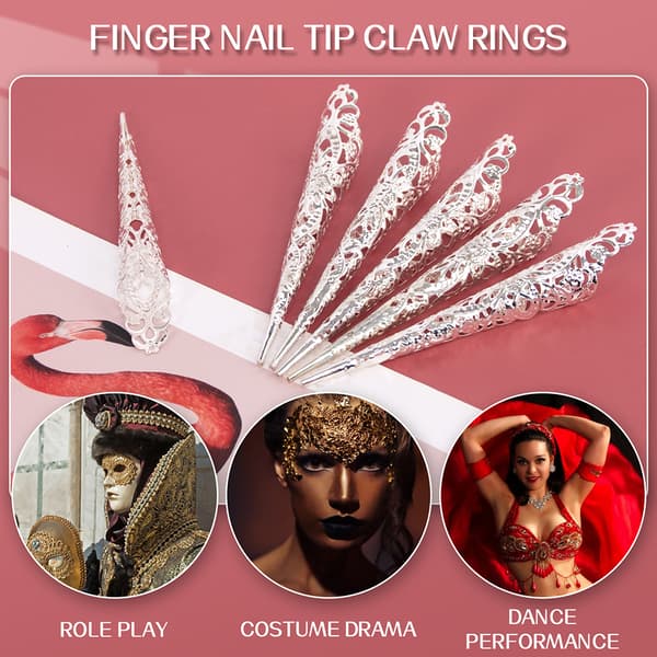 Fingernail Tip Claw Rings Finger Knuckles Protector til Halloween Cosplay Dance Guld