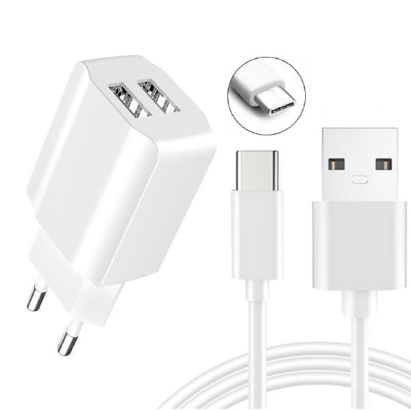 2xUSB Hurtigopladende Vægadapter + USB-C Kabel, Samsung, Android Hvid