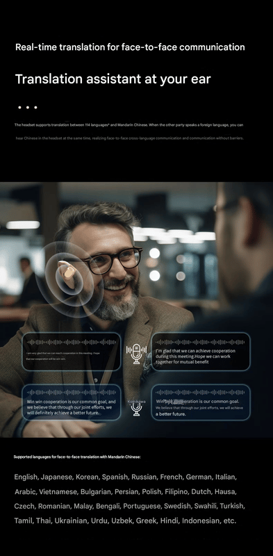 AI smart oversættelse Bluetooth headset real-time simultantolkning, kan lytte til sange og oversætte, egnet til Apple, Android, computer white