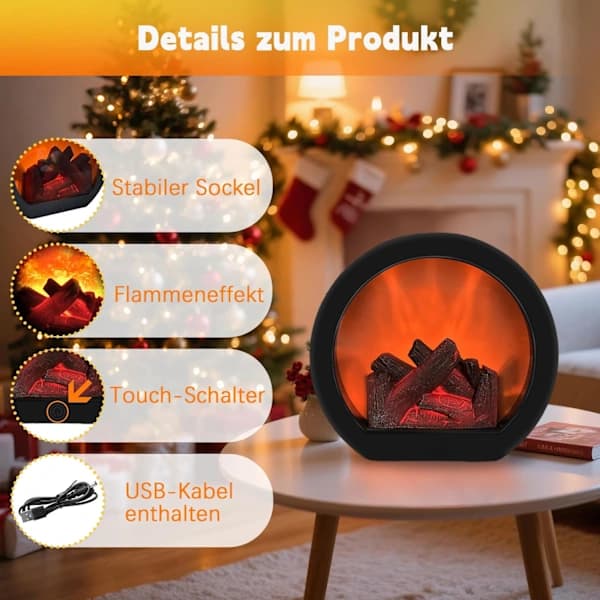LED-eldstad, bordslampa eldstad, touchkontroll, elektrisk eldstad med flameffekt, USB och batterier, eldstadssimulering, A