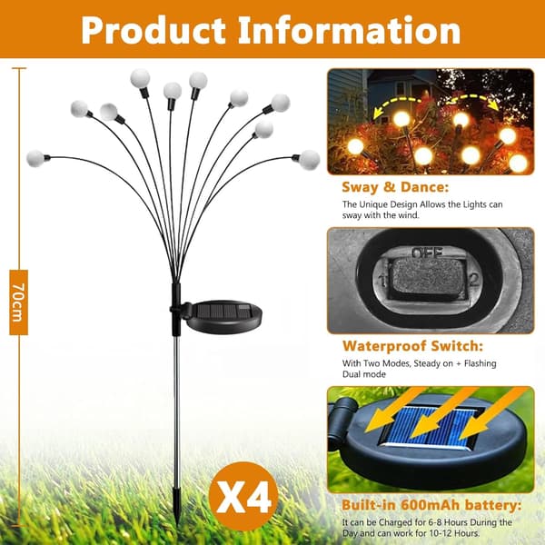 Soldrivna eldflugeljus utomhus, 4-pack 10 LED soldrivna eldflugeljus för trädgården, eldflugeljus sol varmt ljus + blixt