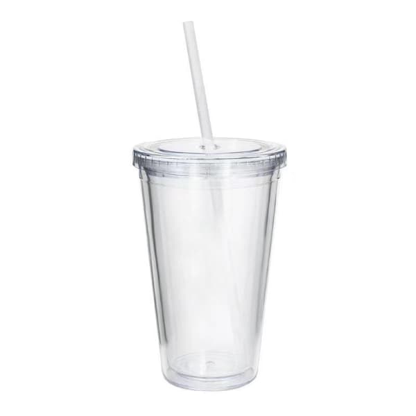 Dubbelväggig plastmugg med lock och sugrör, isolerad kaffemugg, 500 ml, transparent