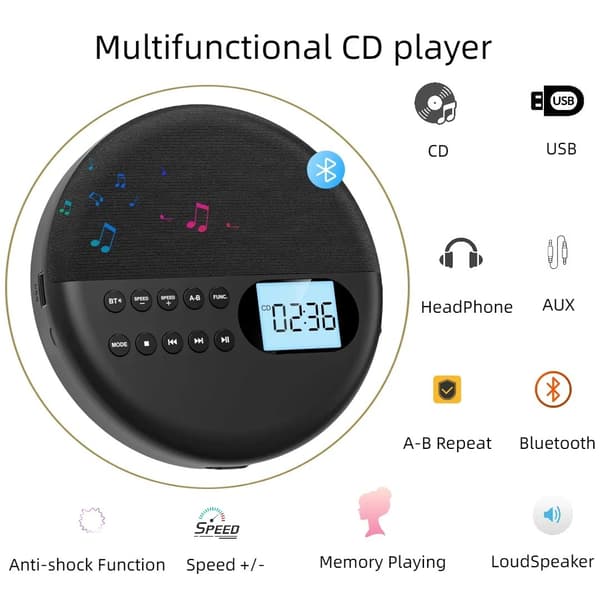 Bærbar Bluetooth CD-afspiller med indbyggede højttalere og genopladeligt batteri