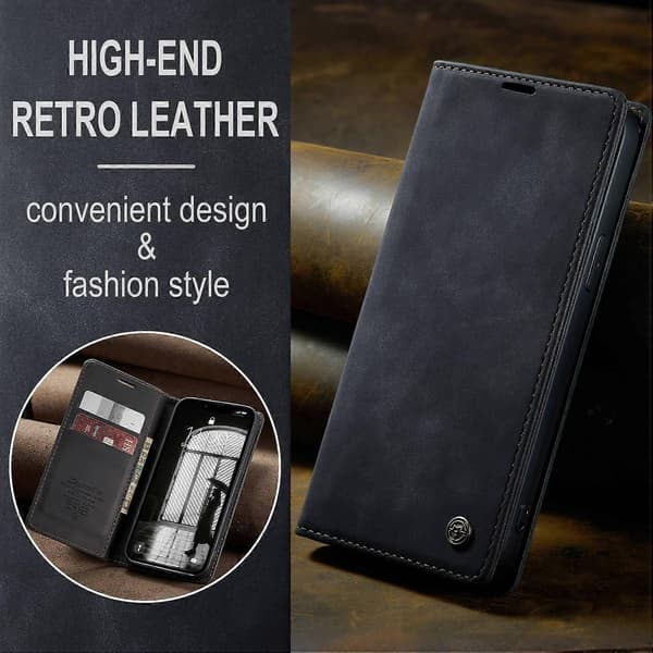Til iPhone 16e Pung Etui CASEME 013 Serie PU Læder Telefon Etui Stativ Sort Sort Sort Black