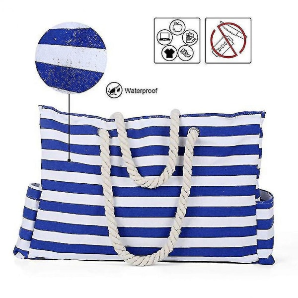 Strandväska med stor kapacitet Handväska i bomullsrep Blårandig strandhandväska i canvas inklusive Messenger-väska med innerficka blue