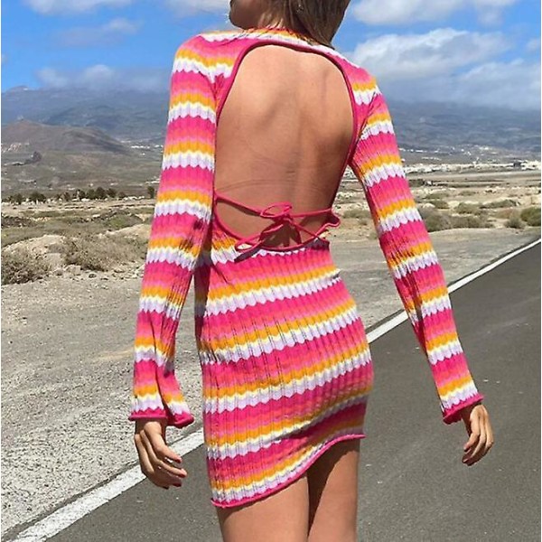 Tight Klänning för kvinnor Långärmad Slimrandig stickad klänning Flerfärgad tillval Pink XL