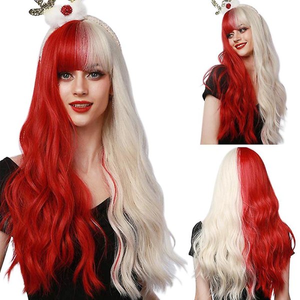 Långa vågiga peruker med lugg Röd blond peruk för kvinnor, värmebeständiga syntetiska fiberperuker