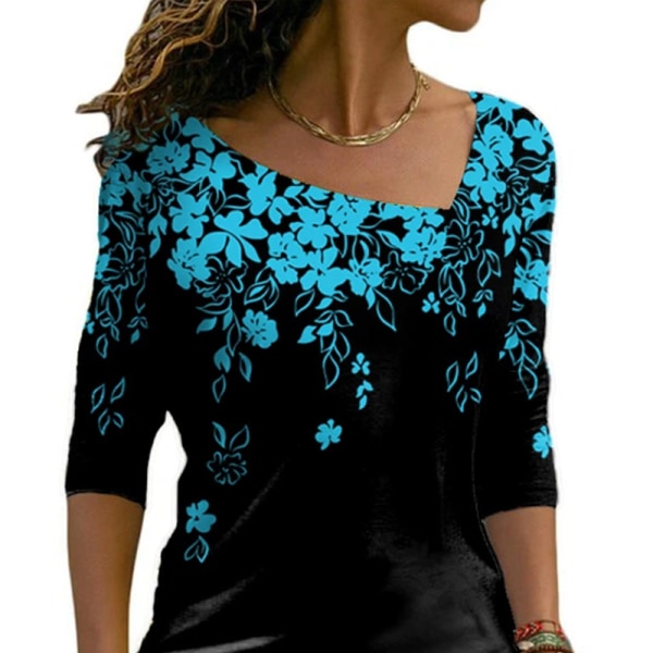 ny långärmad V-ringad blus med print för kvinnor lös Blue XXL