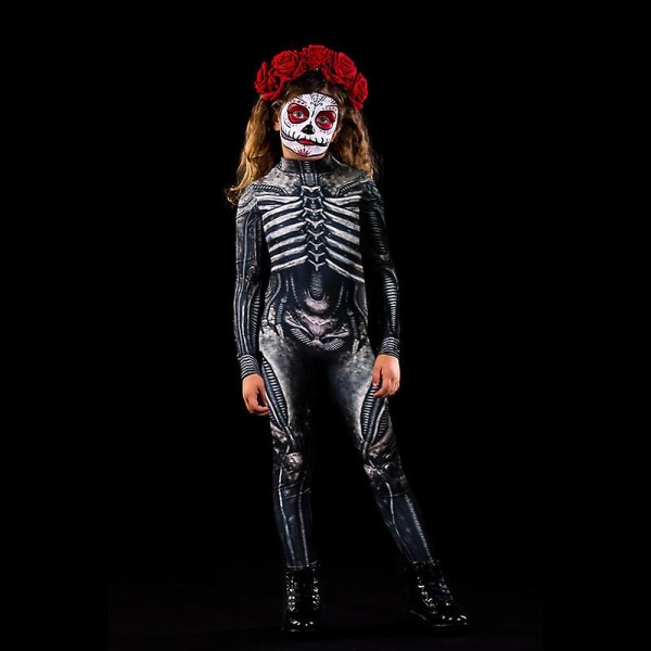 Halloween Decor Skelettdräkt för kvinnor och flickor Halloween Decor Kostym Print Bodysuit 130cm