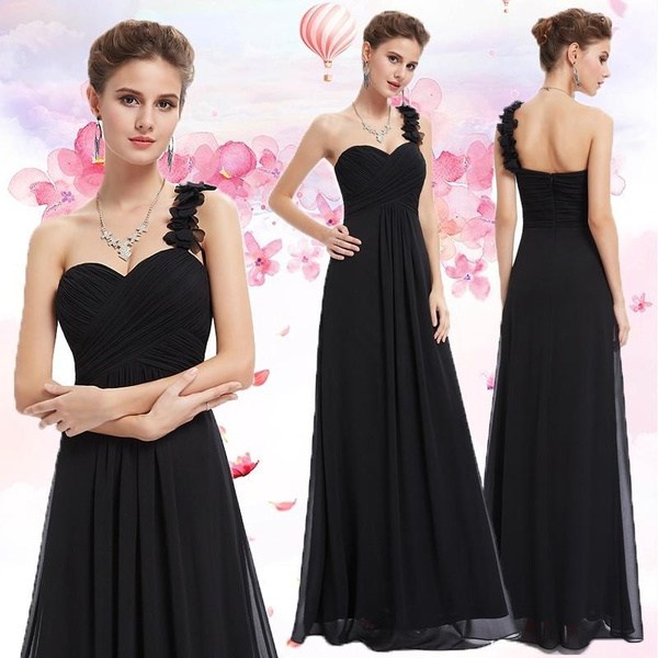 Ever-Pretty Mode Kvinnor Blommor En Shoulder Lång Chiffong Bröllop Brudtärna Aftonklänningar black 10