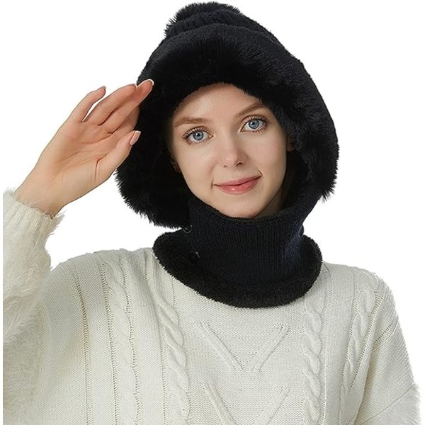2 i 1 hatt Dam Vinter Varm Hat Scarf Hat Vinter Hat Vinter Mode Kreativ stil Black
