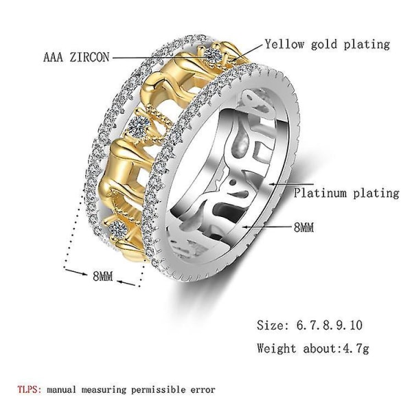 Guld Elefant Silver Ring Vit Topaz Cubic Zirconia Ring Dam Vigselring för män 10