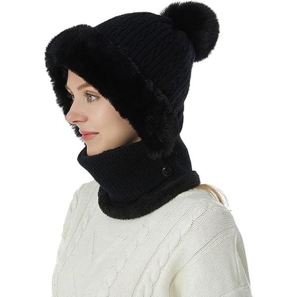 2 i 1 hatt Dam Vinter Varm Hat Scarf Hat Vinter Hat Vinter Mode Kreativ stil Black