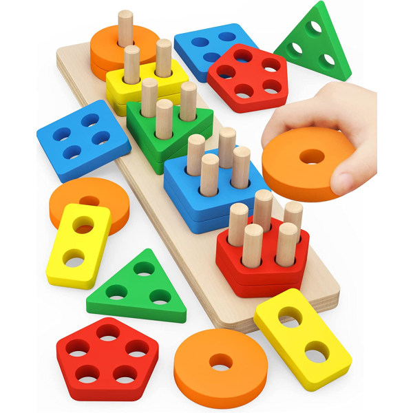 Montessori-leksak sorterings- och staplingsleksak i trä, pedagogisk leksak bright