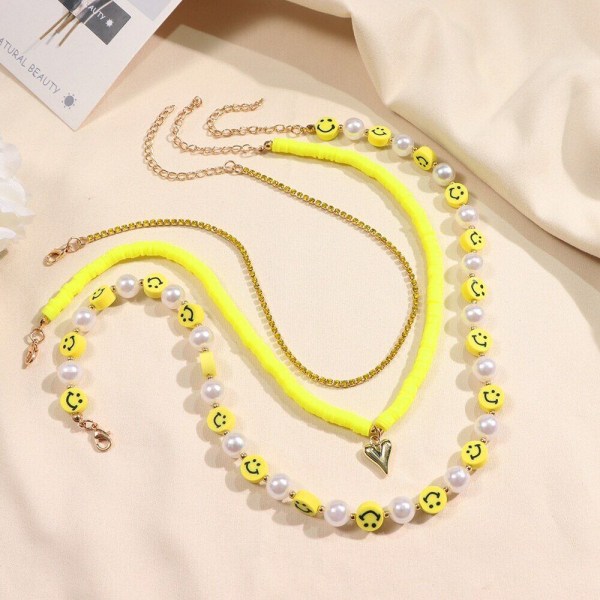 Smiley Face Pearl Necklace Women Beaded Multi Layer Necklace