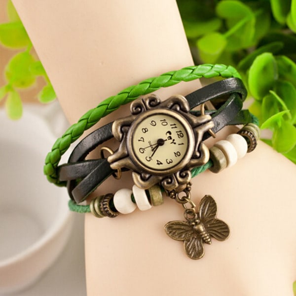 Watch Wrap Mode Vintage Butterfly Drop Leather Armband Watch green