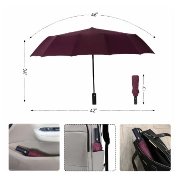 Handhållet hopfällbart paraply i trä med 12 ribbor, vindtätt kompakt