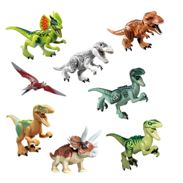 Åtta jurassic dinosaurier monterar byggstenar som monterar intellektuella leksaker
