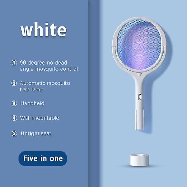 Elektrisk Mosquito Killer racket Lampa 3501v Sb Vinkeljusterbar Uppladdningsbar White