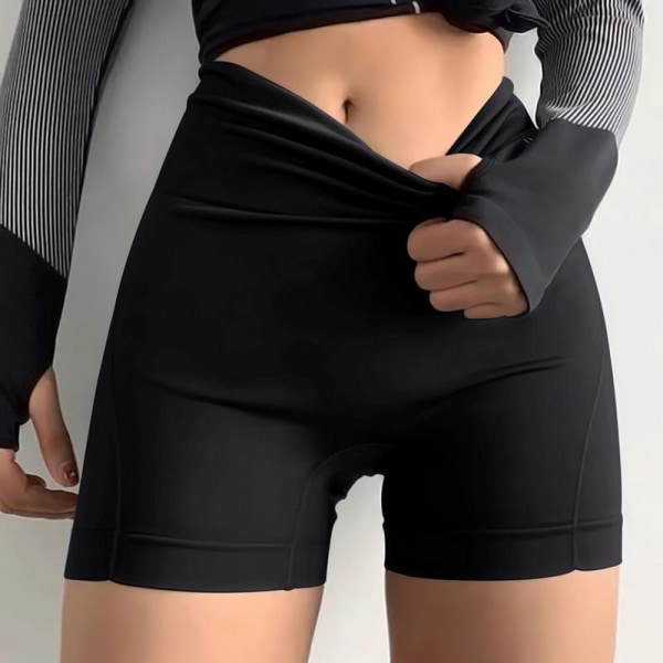 Byxor med print för kvinnor, shorts med hög midja, korta säkerhetsbyxor för magkontroll, sportshorts, byxor med platta ben som inte märker black L/XL