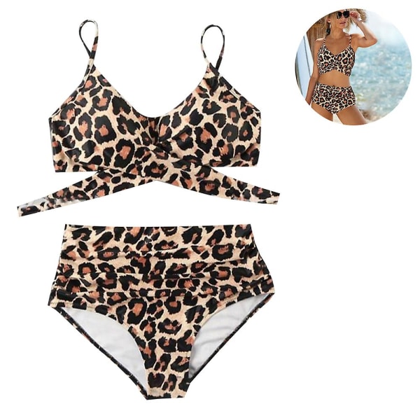 Bikiniset med hög midja Baddräkt Criss Cross String Baddräkt (flera färger tillgängliga) Leopard Print XL