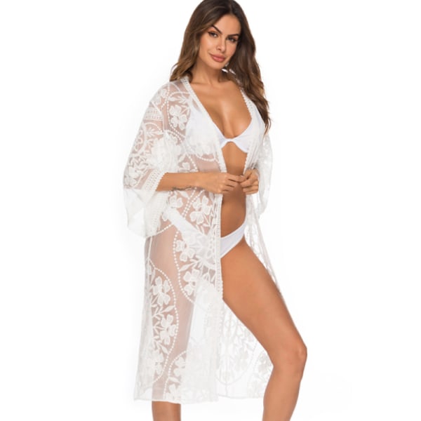 Bikinikofta för dam Long Beach Cover Up Bikini Beach Cardigan Spets Vit Beach Cover Up (multi ) white