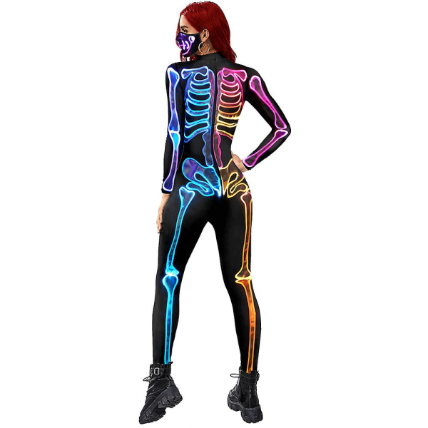Skelettdräkt Halloween Dekoration Cosplay Jumpsuits Färgglad Skelett Body 3d Stretch Skinny L