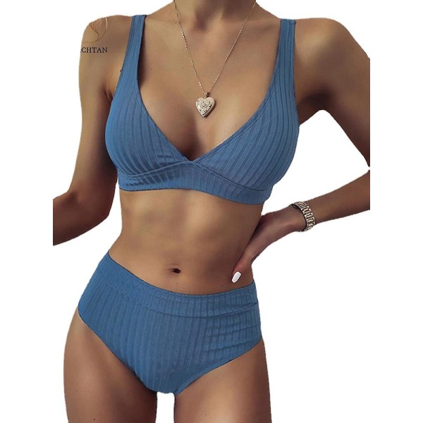 Randig baddräkt sexig enfärgad randig högmidja underkläder V-ringad baddräkt (flerfärgad tillval) blue L