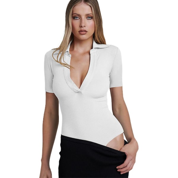 Damtoppar, Slim T-shirt för kvinnor, Bodysuit med djup V-ringning White L