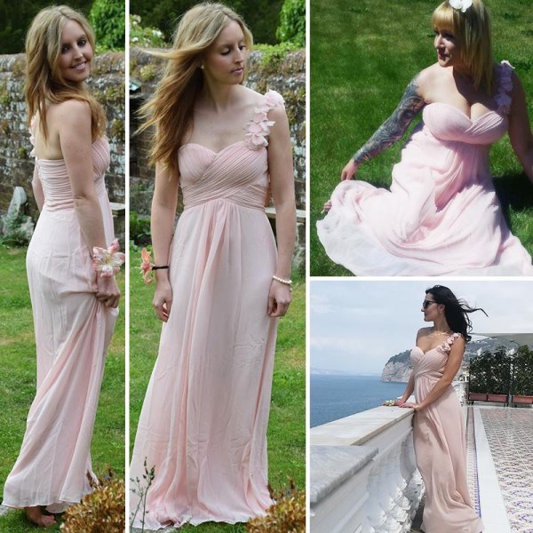 Ever-Pretty Mode Kvinnor Blommor En Shoulder Lång Chiffong Bröllop Brudtärna Aftonklänningar. pink