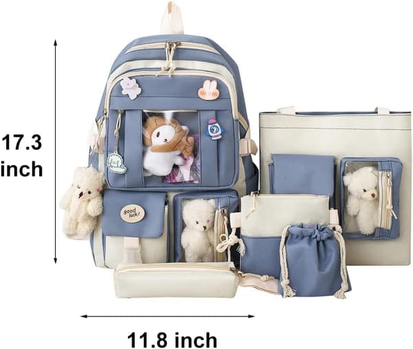 Canvas Skoletaske Combo Set, Kawaii Pige Student Skoletaske Blå blue